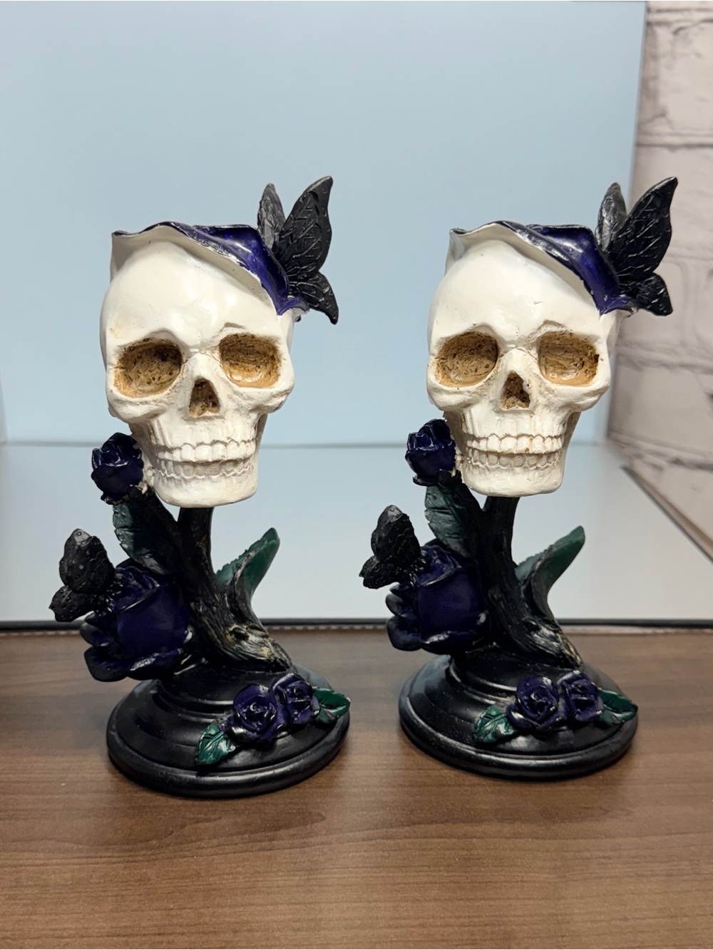 Gothic Skull Halloween Statue Decor with Purple Accents Flowers & Butterflies